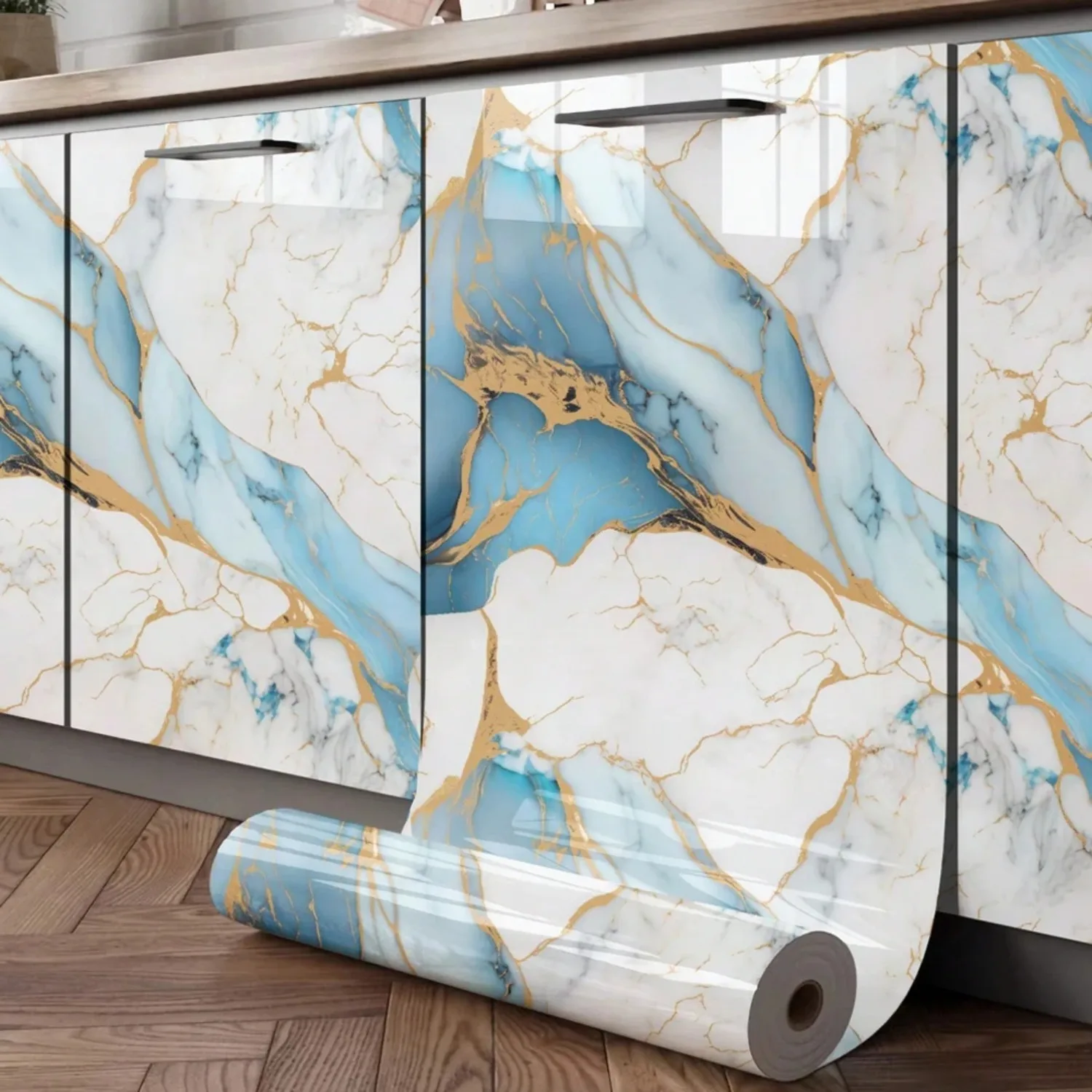 Waterproof Blue Marble Peel & Stick Wallpaper Vinyl Contact Paper for Kitchen Countertops, Bathroom Walls & Living Room Decor