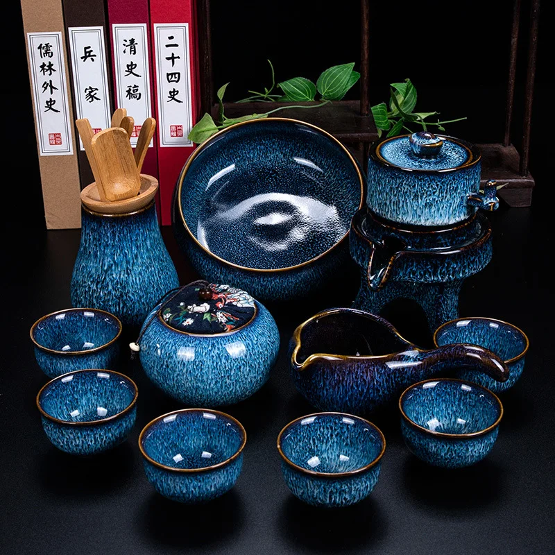 Glazed Blue Glass Tea Set Automatic Magnetic Self Brewing Gift Box