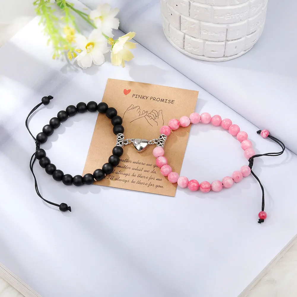 2Pcs/Set Natural Stone Beaded Heart Magnet Attraction Couple Bracelets For Women Men Simple Love Relationship Bracelet Jewelry