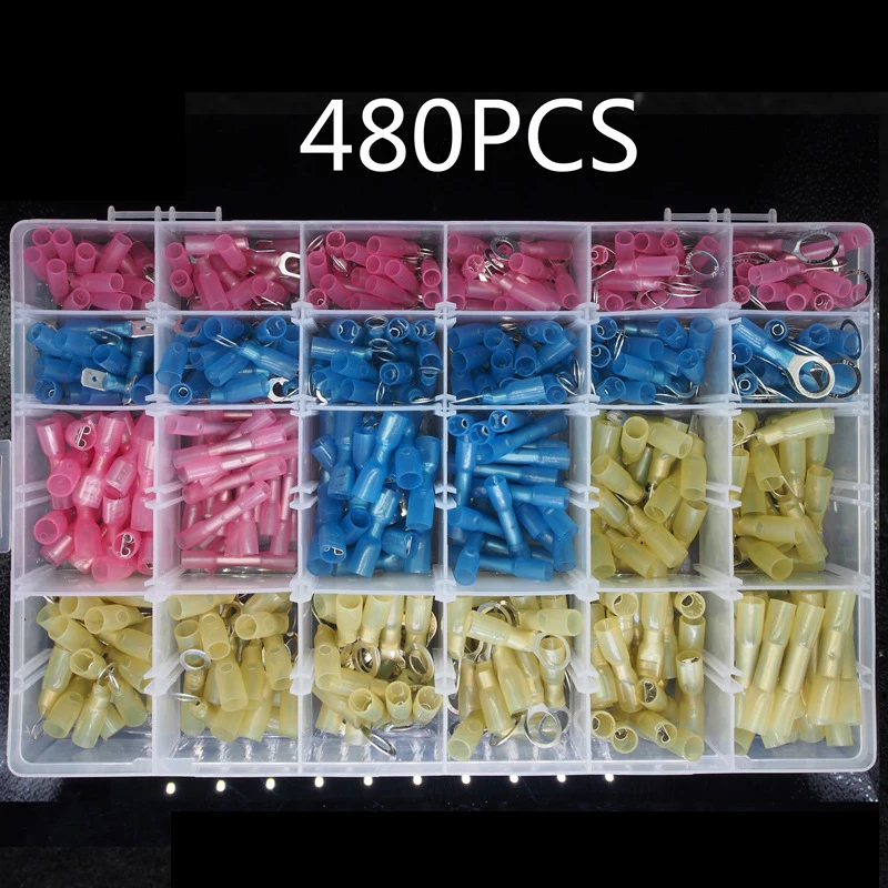 480PCS Heat Shrink Wire Connectors Electrical Connectors Kit Waterproof Terminals Butt Connectors Spade Fork Ring Butt Splices