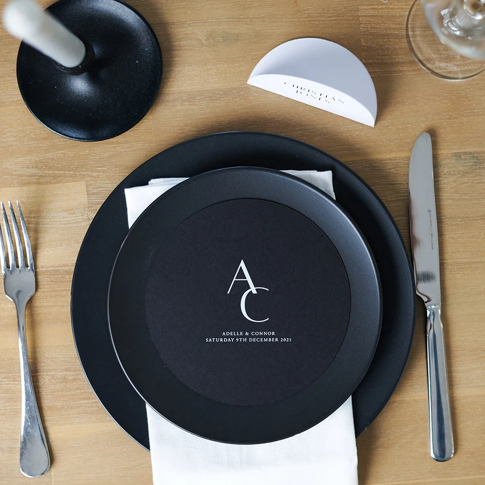 Tarjeta de mesa personalizada con doble estampado, invitaciones de boda con nombre de pareja, menú de bienvenida de agradecimiento personalizado, tarjetas de lugar modificadas