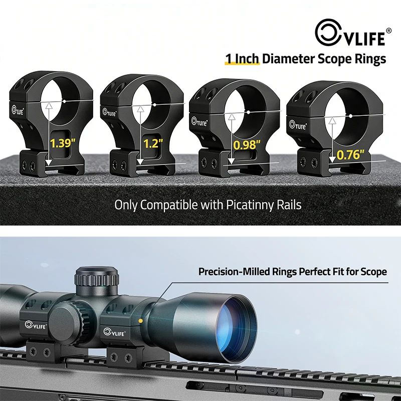 

CVLIFE Precision 1 Inch Scope Rings Optics Scope Mounts 0.76" 0.98" 1.2" 1.39" Height For Picatinny Rail Hunting-2 Pieces