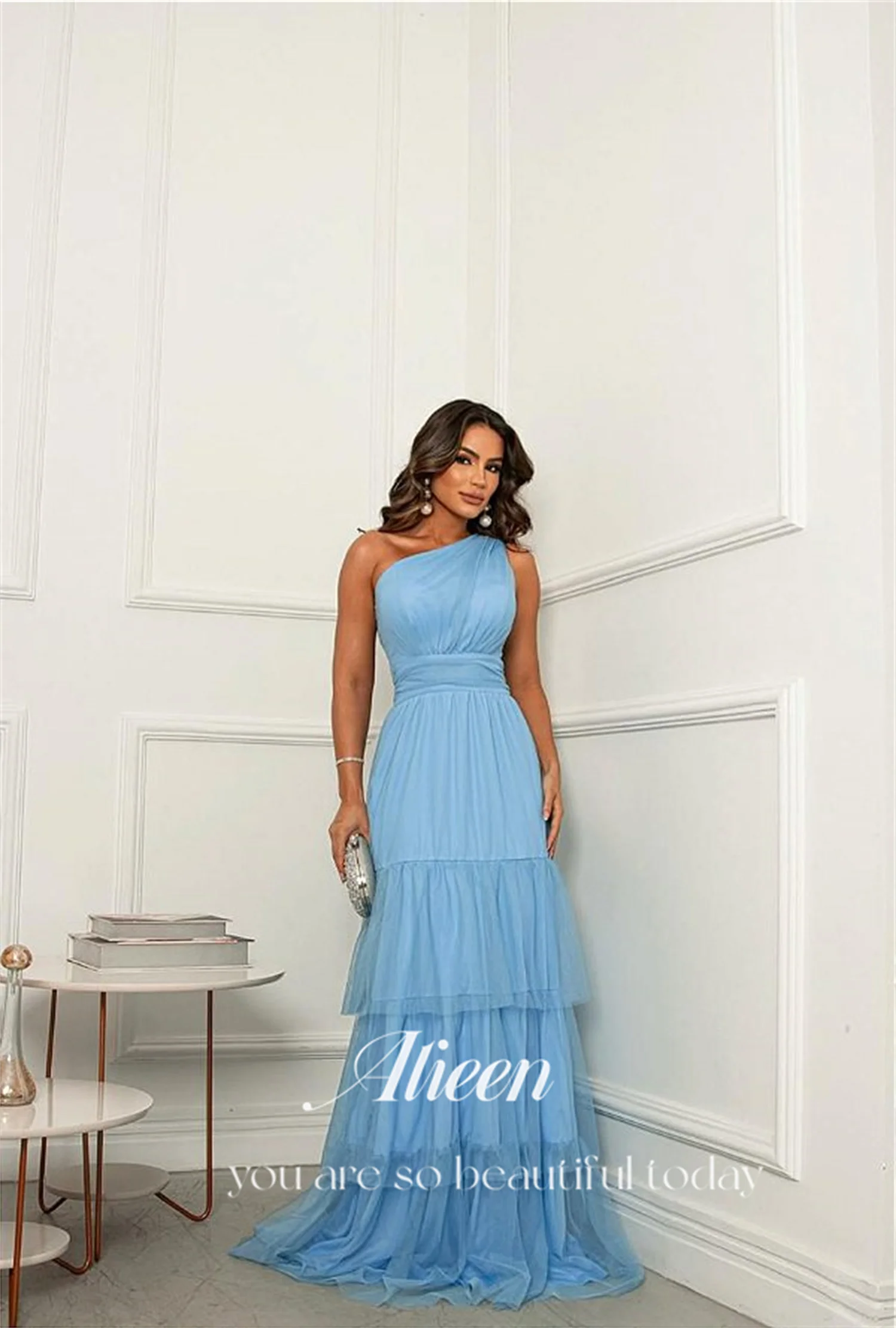 Aileen Long Style One Shoulder Multi-layer Blue Evening Dresses Woman Elegant Party Dress for Women Luxury Evening Dresses 2023