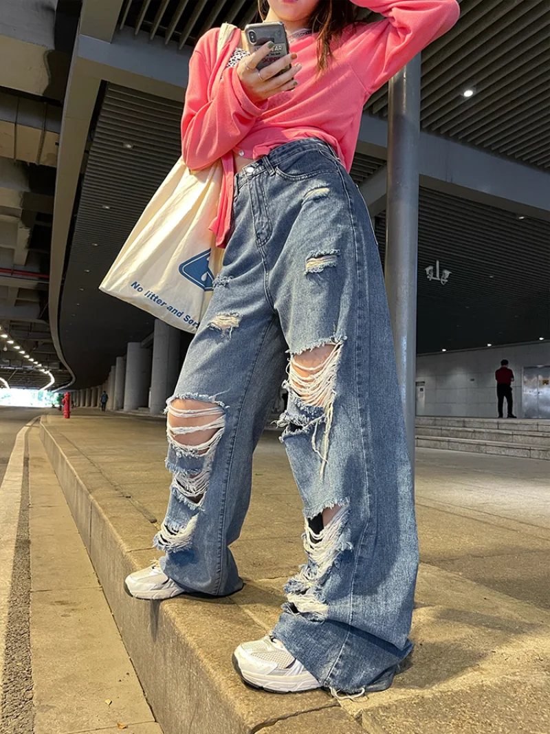 

Women Torn Jeans Sexy Vintage High Waisted Mop Straight Leg Wide Leg Pants Retro Loose Fitting Pants