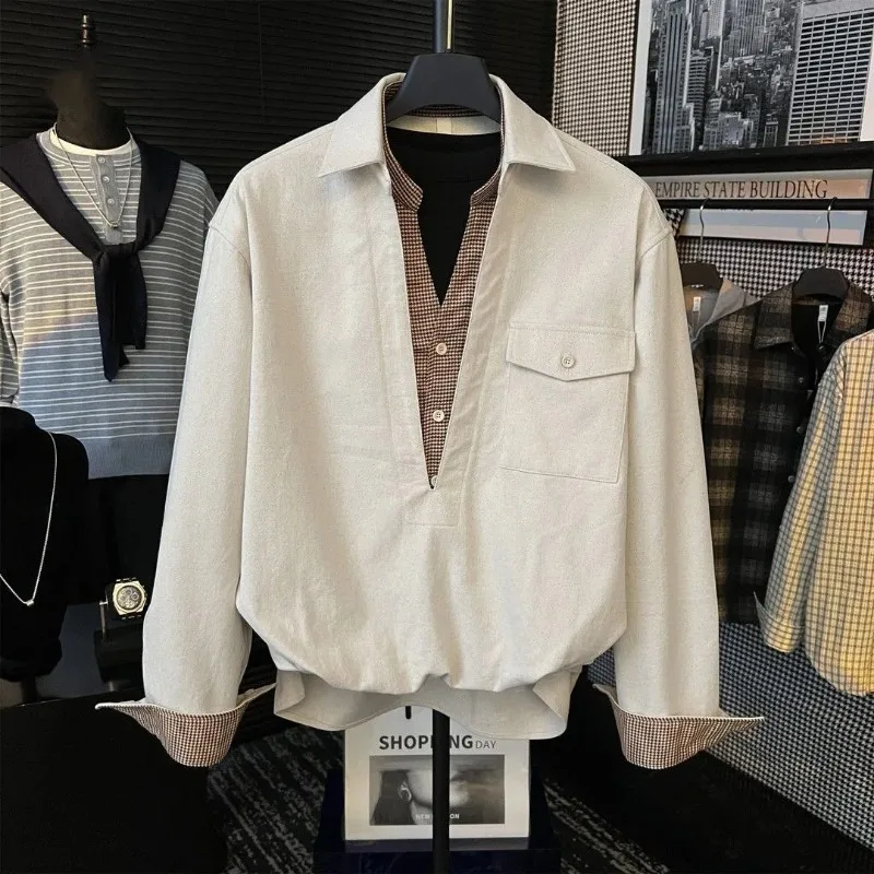 

American Autumn Men's Long-sleeved Shirt Spliced old Money Style Casual Fake Two-piece Shirt