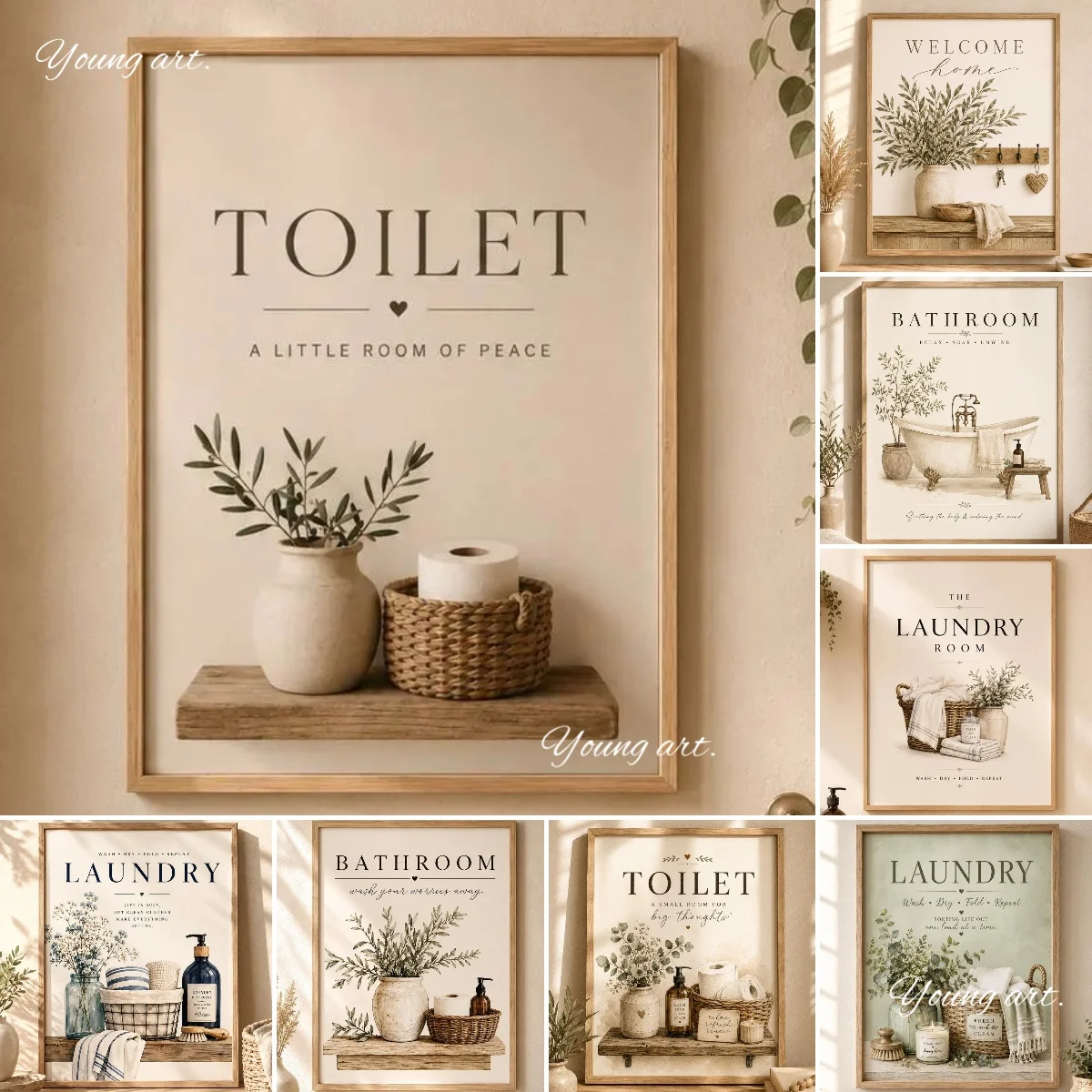 2D Flaches skandinavisches Toiletten-Leinwandbild, Poster, neutrales, minimalistisches Bauernhaus-Badezimmer-Kunstdruck, Waschraum, Wäschezimmer, Wanddekoration für Zuhause