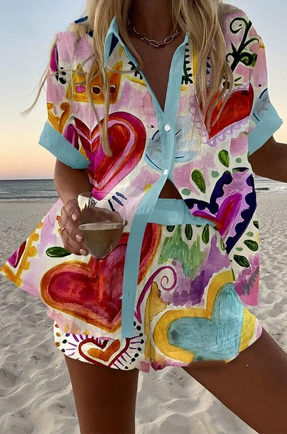 Modeprint Oversized Strandvakantie 2-delige set Dames Zomer Shirt met korte mouwen Top + Wijde pijpen Korte tweedelige damesoutfit