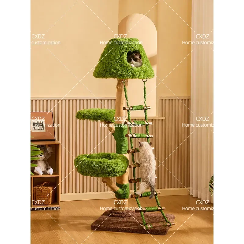 Solid Wood Cat Tree with Cloud Ladder and Nest Large Integrated Climbing Frame Villa for Cats Multi Level Activity Center