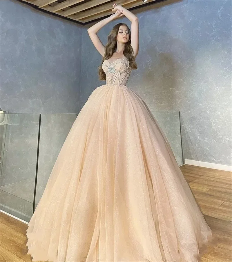 

Beach Sweetheart Ball Gown Quinceanera Dresses Vestidos De 15 Anos Sparkly Beading Tulle Formal Princess Birthday Party Gowns