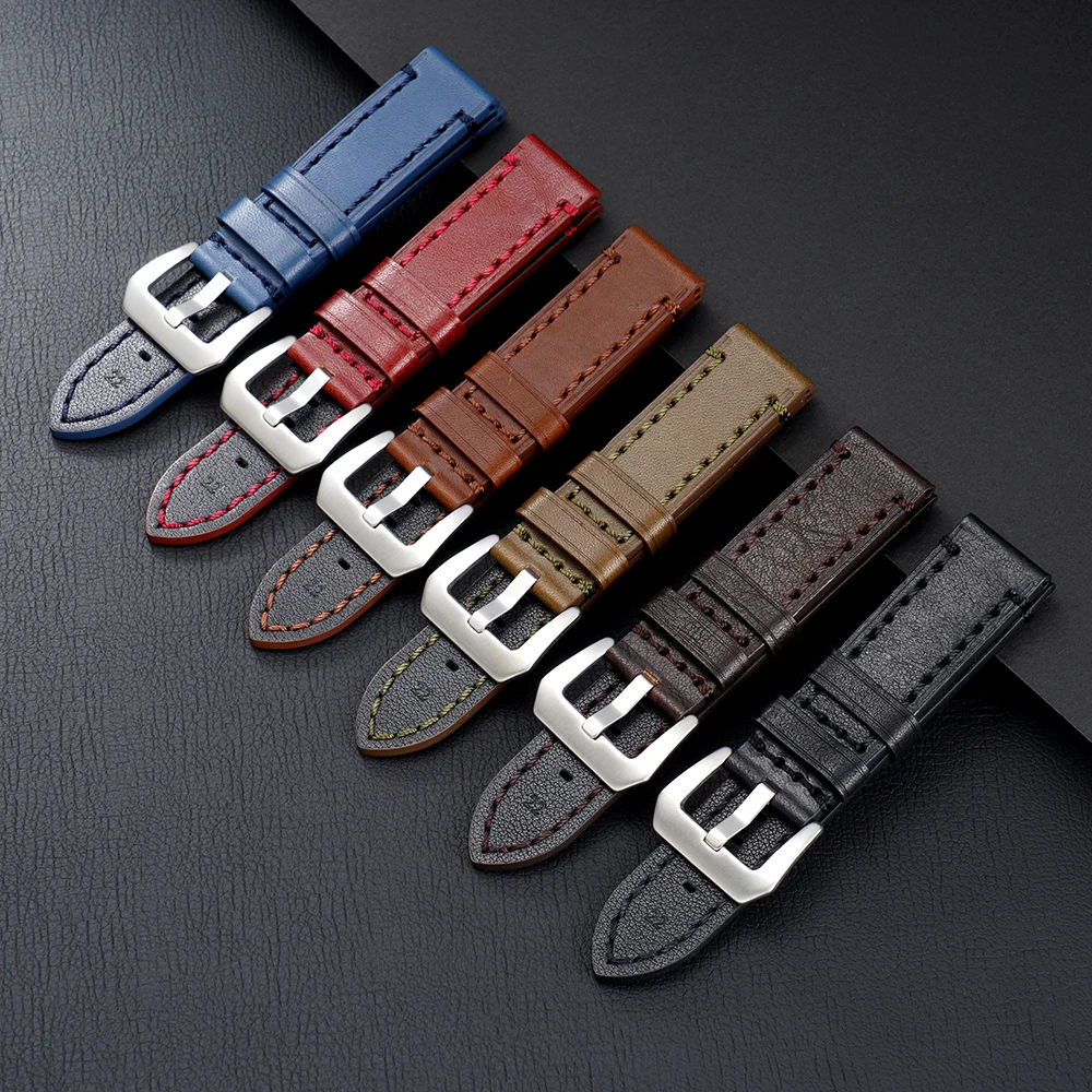 خمر حزام ساعة جلد طبيعي مخيط يدويا ساعة رجالي فاخرة حزام من الجلد 20 مللي متر 22 مللي متر 24 مللي متر