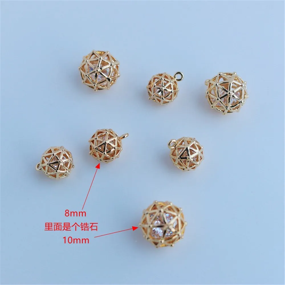 1pcs 14K Gold Package Hollow Ball Inside Zircon Pendant, Embroidery Ball, Hanging DIY Jewelry, Bracelet, Necklace, 8mm, 10mm