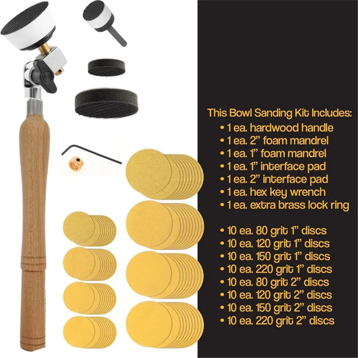 Home Tool Woodworking Supply Bowl Sander Tool Kit - Dual Bearing Head & Hardwood Handle, 85 Piece Wood Sander Kit, 1/4 Mandrel