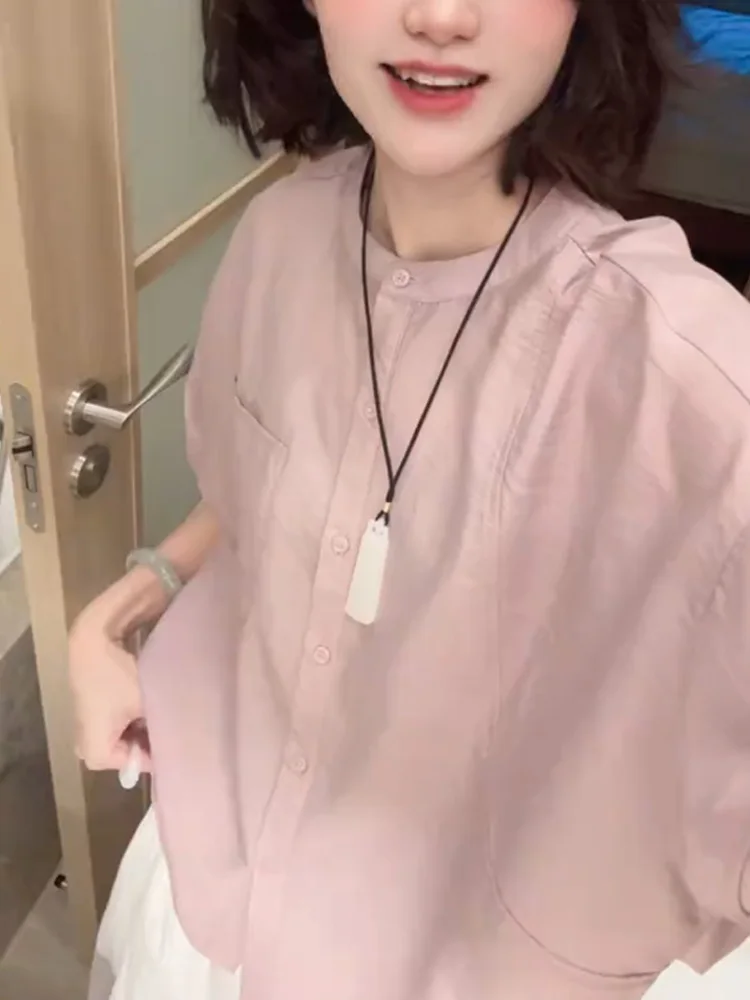 เสื้อชีฟองเกาหลีแบบกระดุมเดียวทรงหลวมสบายๆ เรียบง่าย เหมาะกับฤดูร้อน เสื้อผู้หญิงคอกลม แขนสั้น