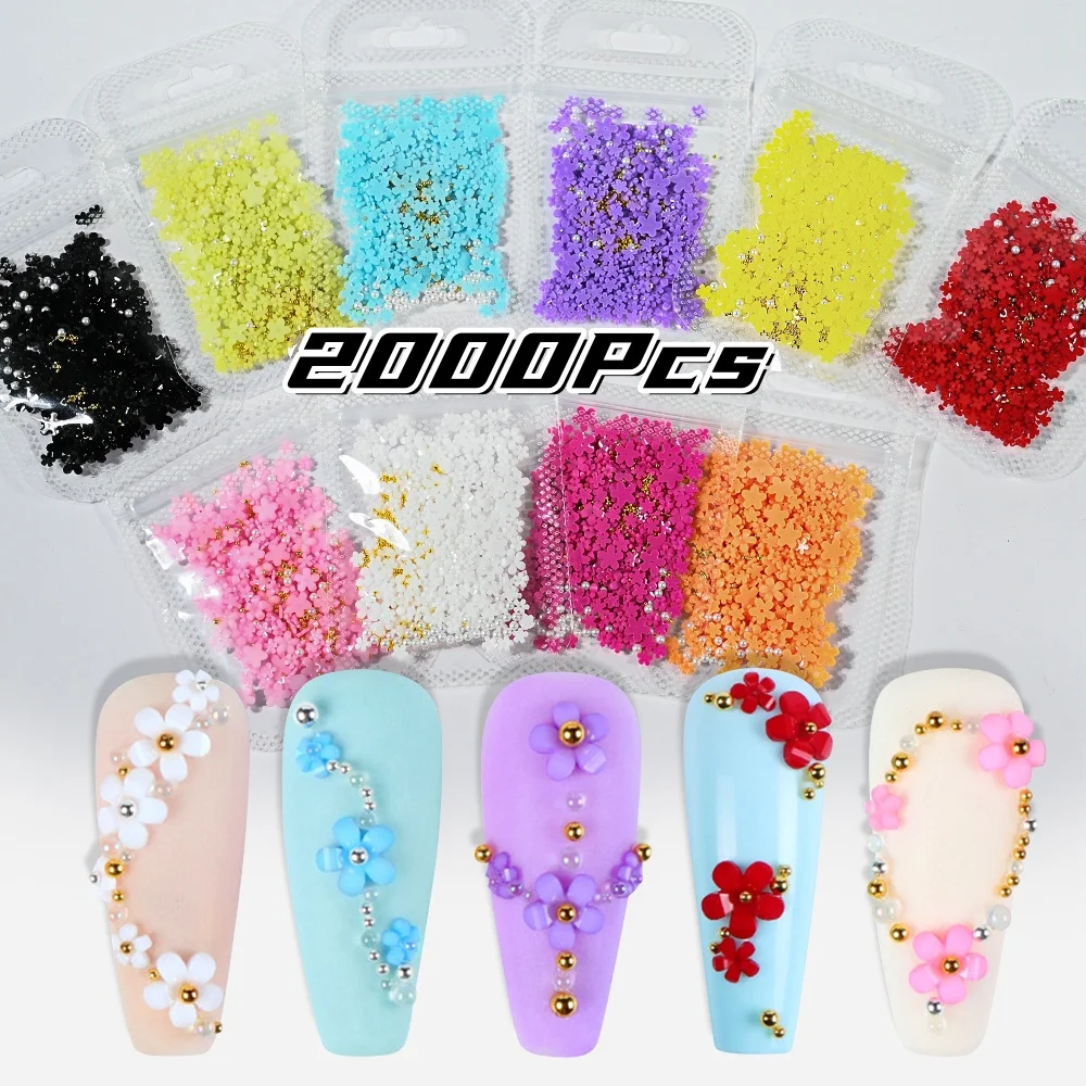 2000Pcs Acrylic 5 Petals Flower Resin Charms 10 Color 3D Nail Art Decor Gold Beads Pearl Mixed Size Rhinestones Flower Accessory