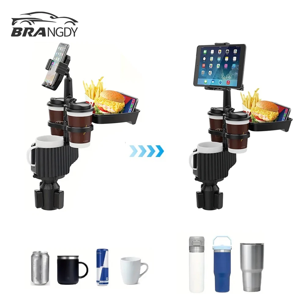 Universal 5-in-1 Adjustable Car Cup Holder Tray with Phone Tablet Mount Removable Drinking Bottle Bracket Food Tray