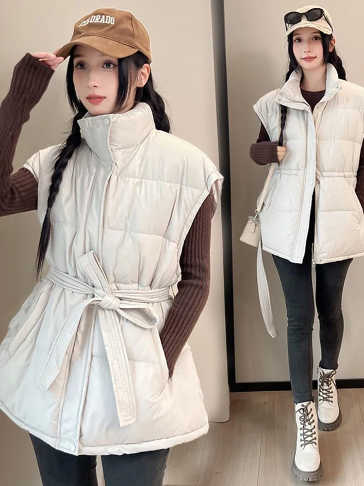 

Осень-зима новый жилет пальто женский повседневный тонкий без рукавов воротник-стойка однотонный утепленный жилет куртки с поясом