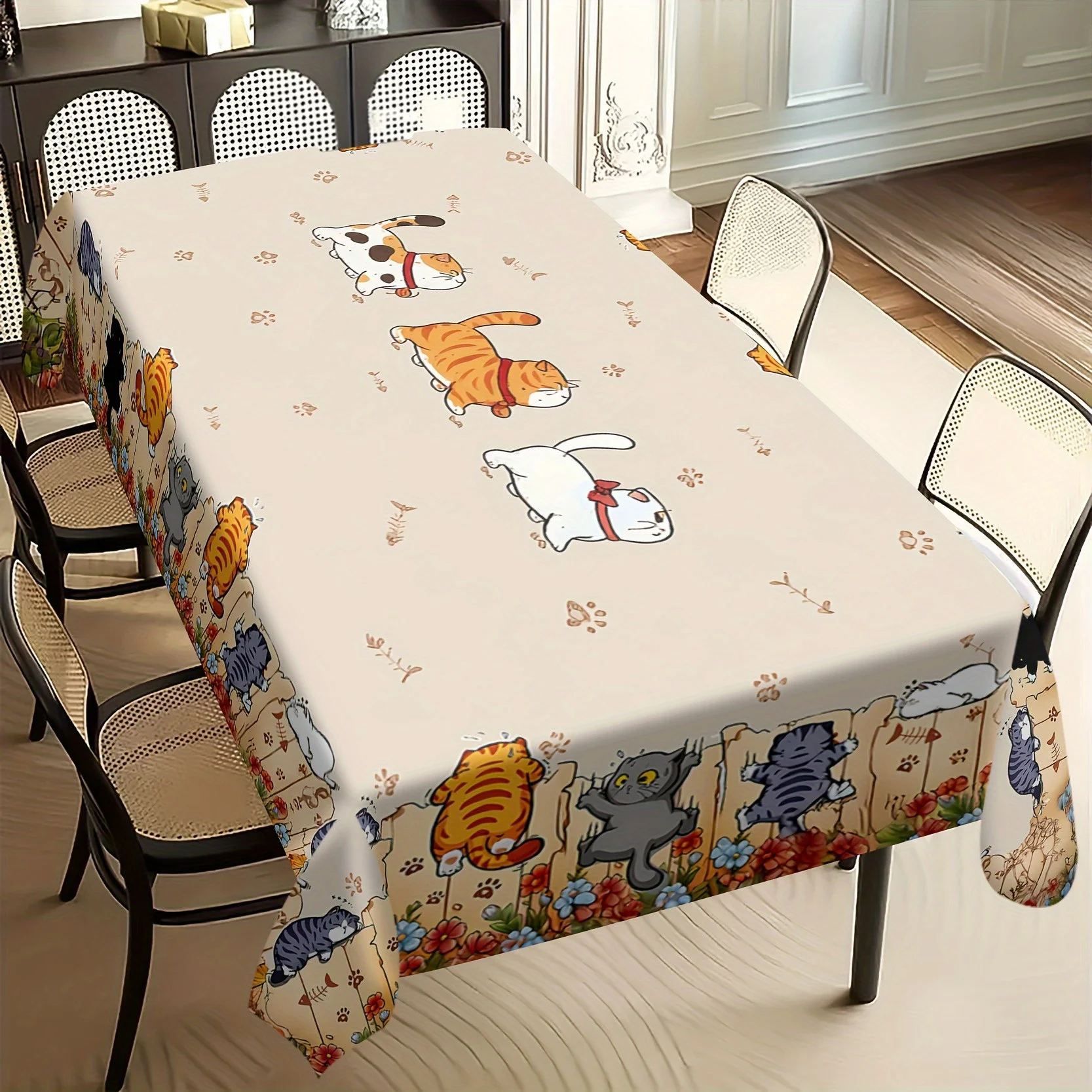 Tablecloth 1pc - Cat Theme Polyester Tablecloth - Featuring cute cats and paw prints design.
