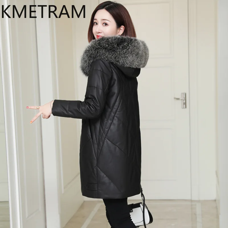 100 % Schaffell-Daunenmäntel für Damen, echtes Leder, schwarze Pufferjacke mit Kapuze, Fuchspelzkragen, 2025, Winterkleidung für Damen