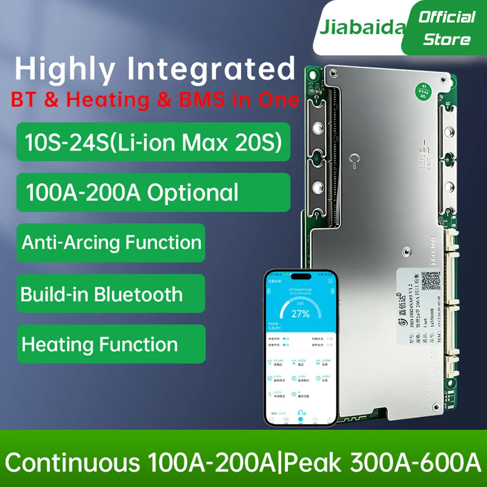 Jiabaida Build-in BT 10S 13S 14S 15S 16S 20S 21S 36V 48V 60V 72V LiFePO4 Li-ion Smart BMS 100A 120A 150A 200A with Heating