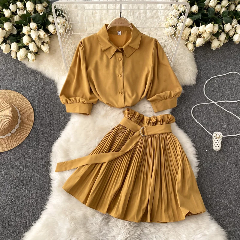 

Polo Neck Bubble Short sleeved Shirt+Pleated A-line Short Skirt Two Piece Set Women's Summer Minimalist Elegance Casual Outfits