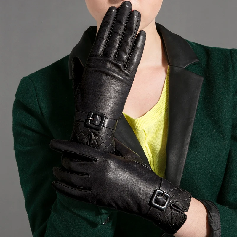 GOURS Winter Real Leather Gloves Women Black Genuine Goatskin Gloves Fleece Lining Warm Driving Fashion Belt Design New GSL016