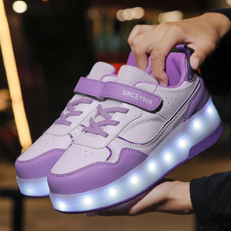 Sepatu Kets Bercahaya Bercahaya Dua Roda Anak-anak Sepatu Roller Skate Lampu Led Merah Muda Sepatu Led Anak Laki-laki Perempuan Pengisian Daya USB