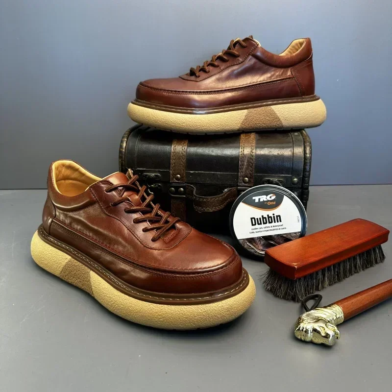 

2025 Men's Casual Shoes Genuine Leather Thick Sole Lace Up British Retro Leather Shoes Gift