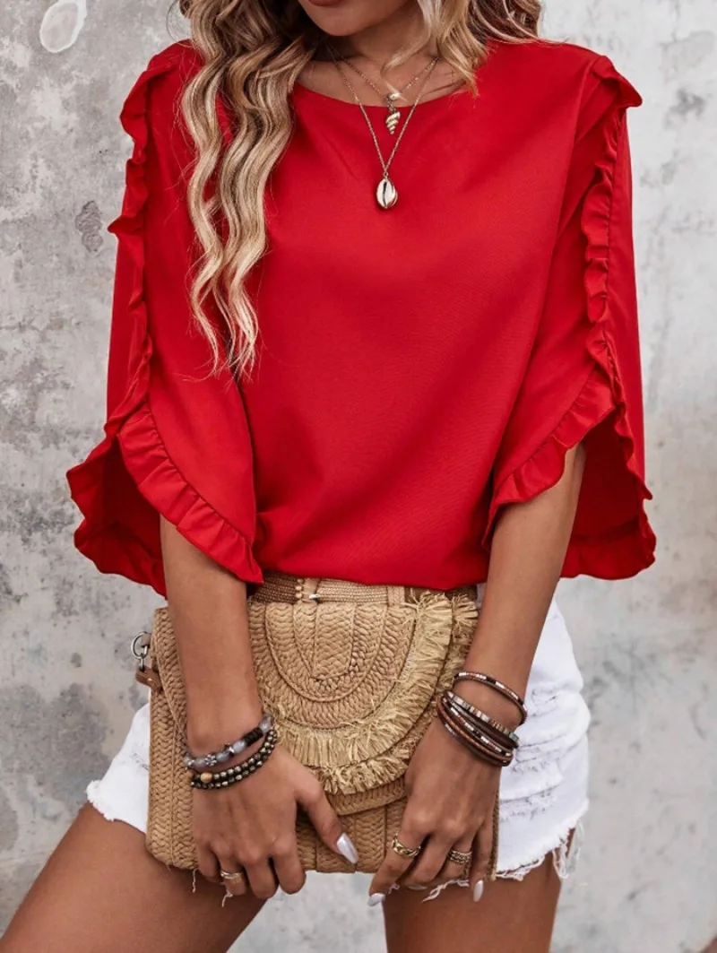 

2025 women's spring and summer new round neck lace irregular seven quarter sleeve top