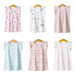 Summer Girls Sleeveless Dress With Ruffles And 100% Cotton Soft Comfortable Relaxed Loose Fit at Home Or Outdoor 3-8 Yeas Old