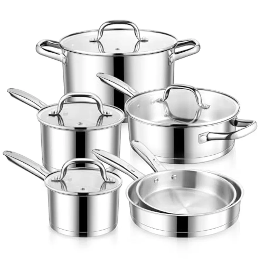 

10Piece Stainless Steel Cookware Set for Induction Cooking with TriPly Base NonToxic Kitchen Pots and Pans Set Including Frying
