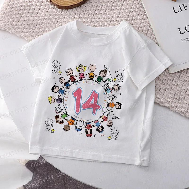 Snoopys Children T-Shirt Birthday Number 123456789 10 11 12 13 14 Clothes Cartoons Anime Kid Boy Girl Tee Shirts Casual Tops