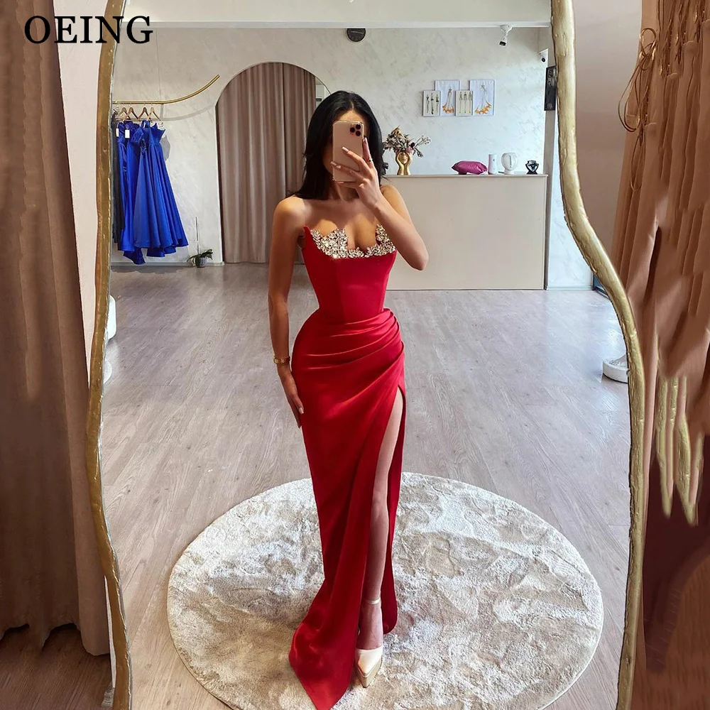 OEING Red Sweetheart Mermaid Evening Dress Giter Satin Side Split Pleat Prom Gown Formal Party Dress Vestidos De Gala Customized