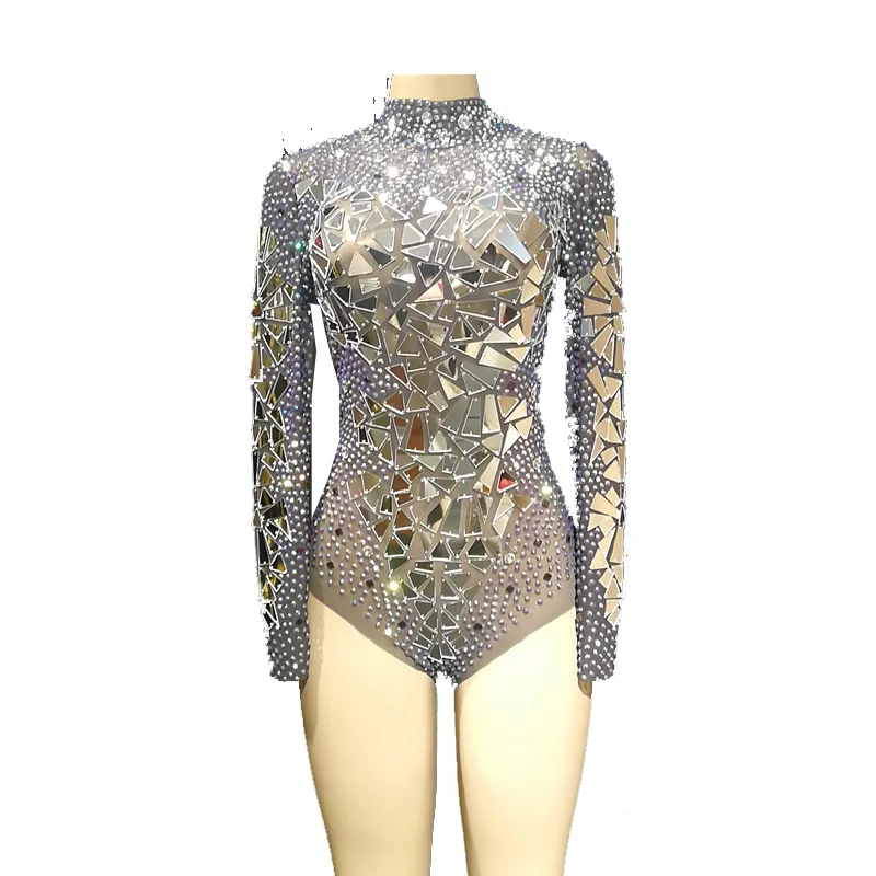 

New Sexy Sparkly Gold Rhinestones Mirrors Shining Bodysuit Women Birthday Celebrate Outfit DJ Singer Show Dance Stretch Costumes