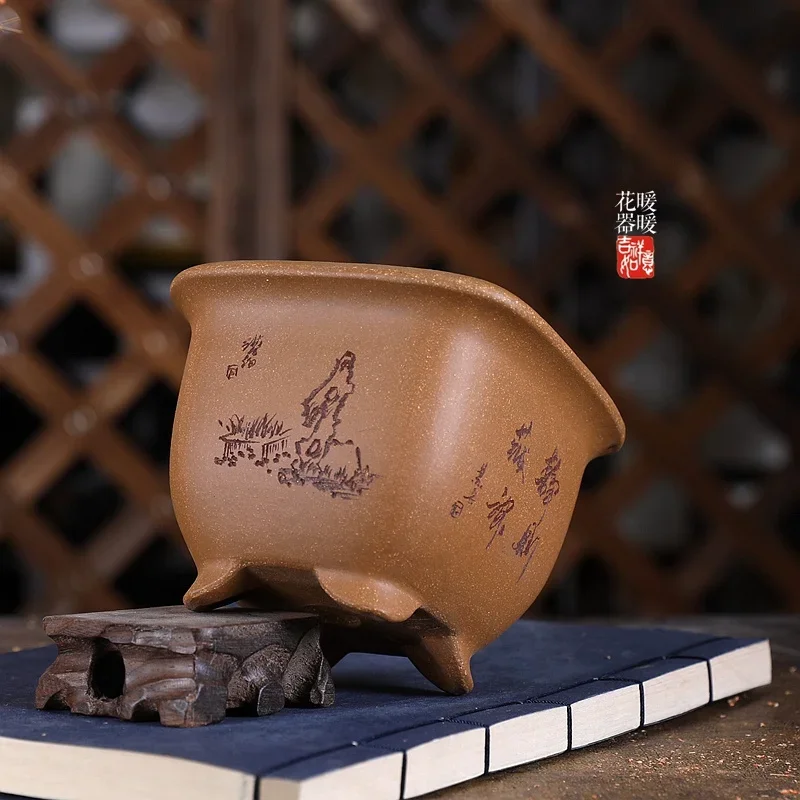 Ceramic Square Carved Pottery Bonsai Pot, Chinese Patterns, Traditional Chinese Pattern, Desk, Room Table, Garden Decoration