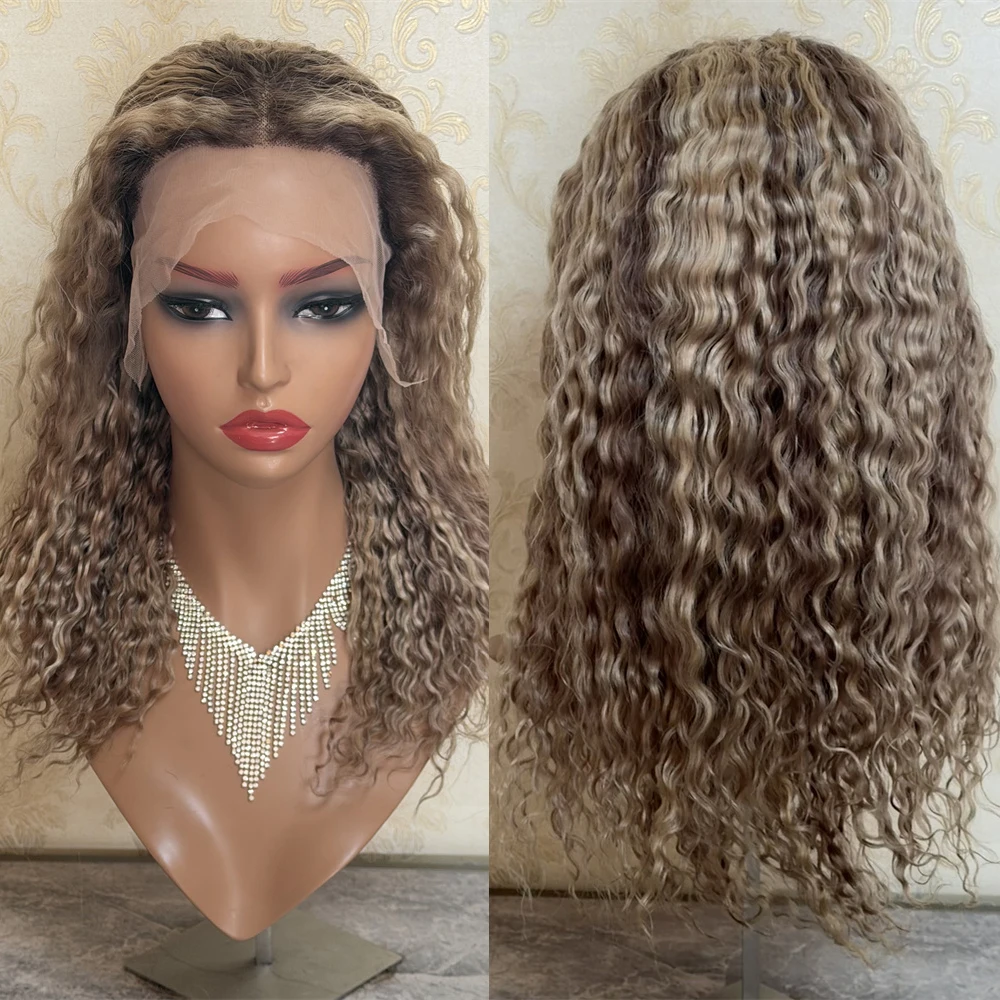 Ash Blonde Highlights Kinky Curly Wig 100% Human Hair Wigs Kink Curly 13x4 Frontal Lace Wigs 150% Density Ready To Ship