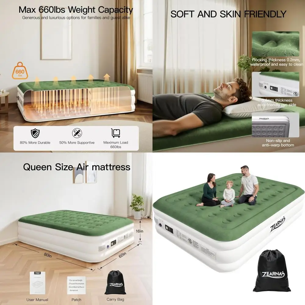 

Upgraded 16 Inflatable Queen Air Mattress with Pump, Portable Quiet Surface Bed, Storage Bag Included, Ideal for Guests, Home, C