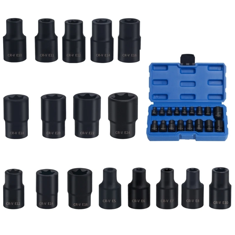 

Complete 17 Piece E Type Socket Set Wrench Head Sleeve Hand Tool 1/2" 3/8" Drive for Automotive & Household Applications 601C