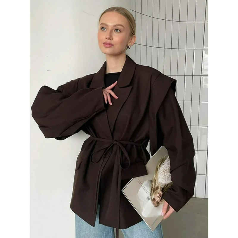 

Women's High Street Fashion Dark Brown Coat Lapel Collar Pocket Belt Loose Long Sleeve Jacket New Autumn Trendy Daily Jacket