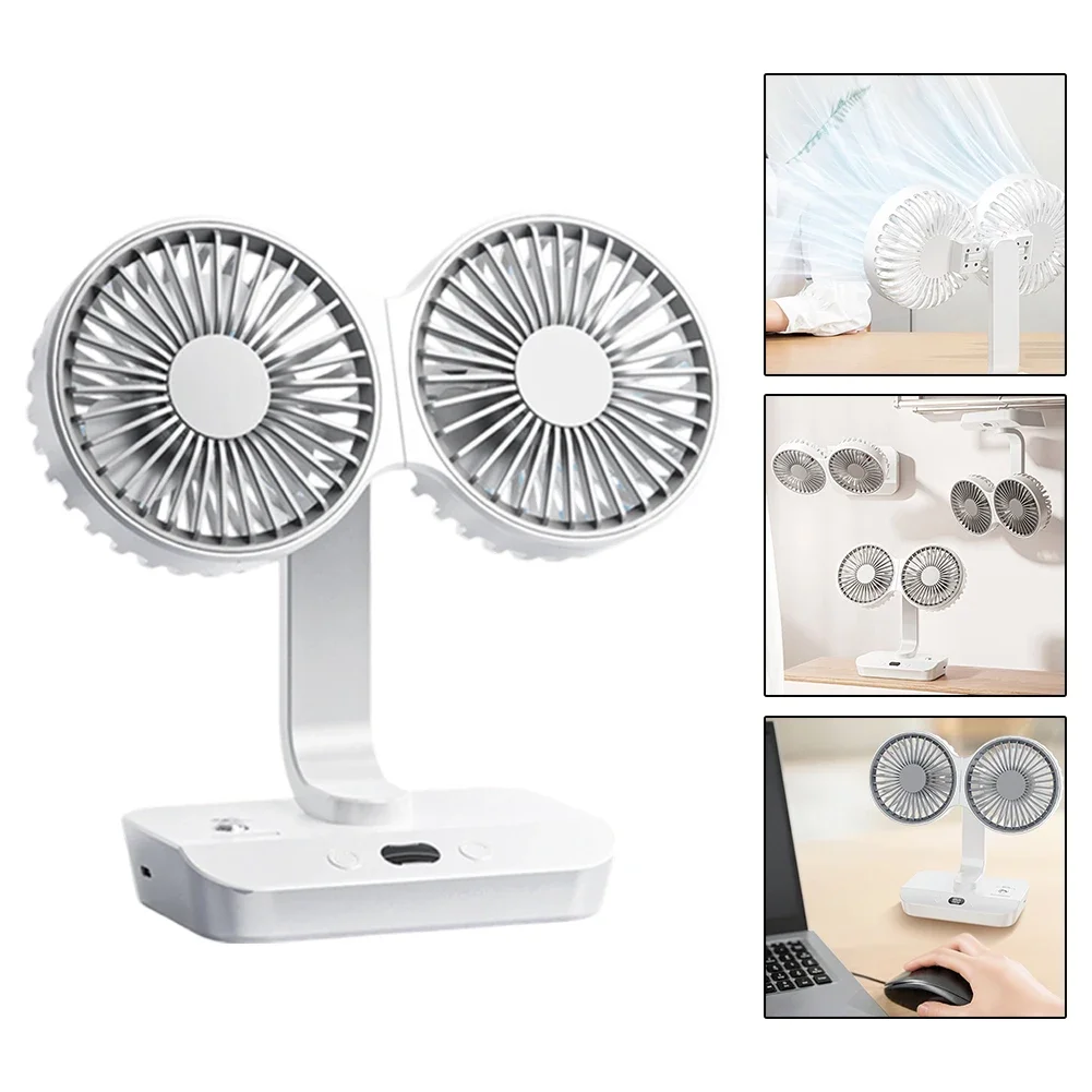 Studie dubbele kopventilator Desktopventilator Pas de hoek naar believen aan Twee ventilatorkoppen Batterij Batterijcapaciteit Ingebouwde Mah-lithiumbatterij