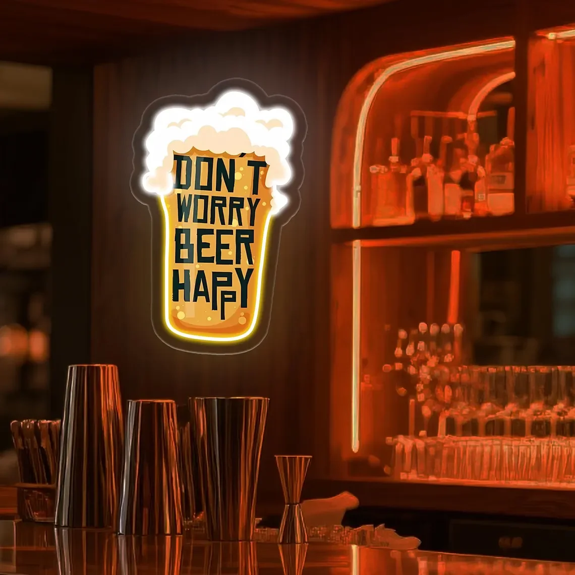 Don't Worry Neon Sign Beer Happy Pub Bar Wall Art Decor Beer Glass Design Man Cave Club Sign Dimmable Neon Game Room Decor