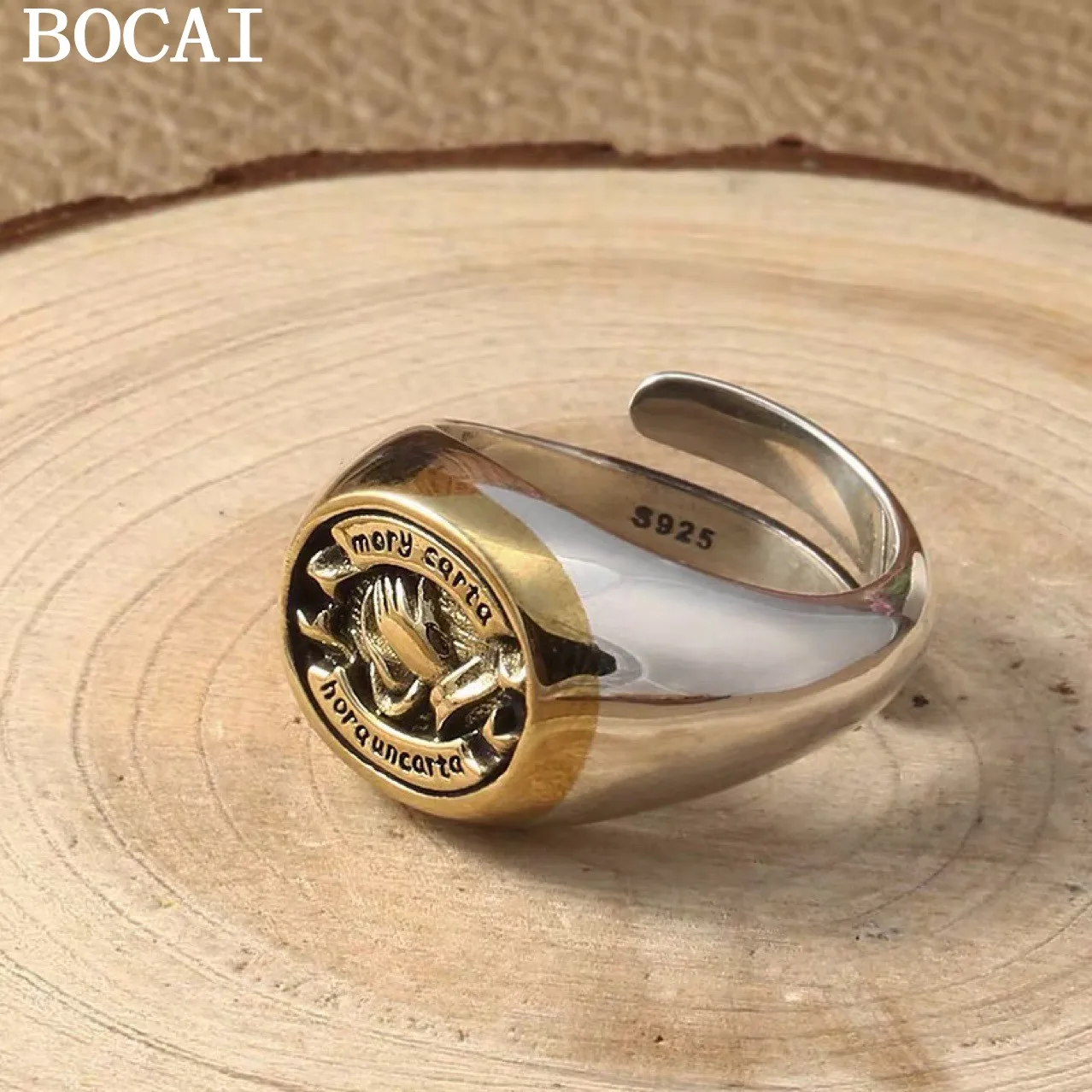 

BOCAI S925 чистое серебро модное кольцо на указательный палец для мужчин буквы молится руку удачу регулируемые мужские кольца