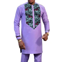 Trajes de casamento roxo rosado masculino, terno de noivo, camisas retalhadas com calças sólidas, moda nigeriana, africano