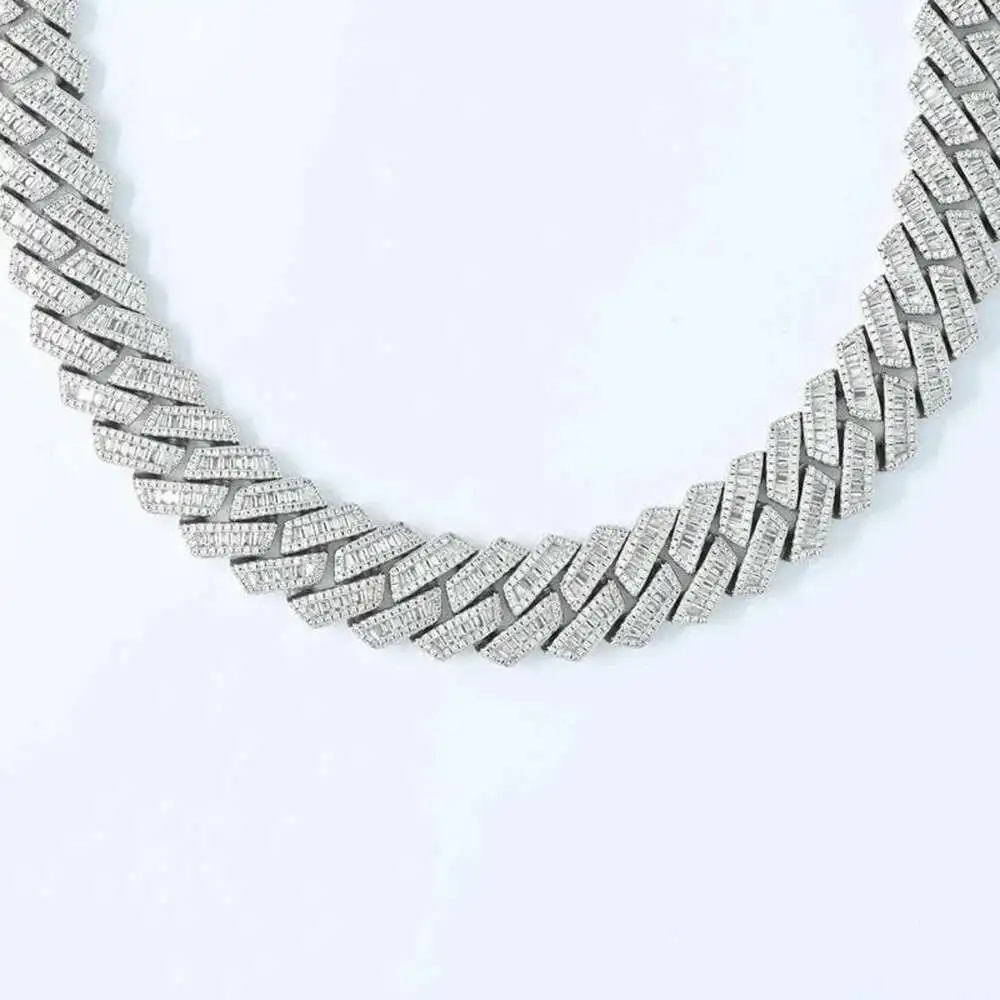 

19mm Ice Out Vvs Diamond Baguette Prong Cuban Link Chain in 925 Silver Hip Hop Necklace for Men