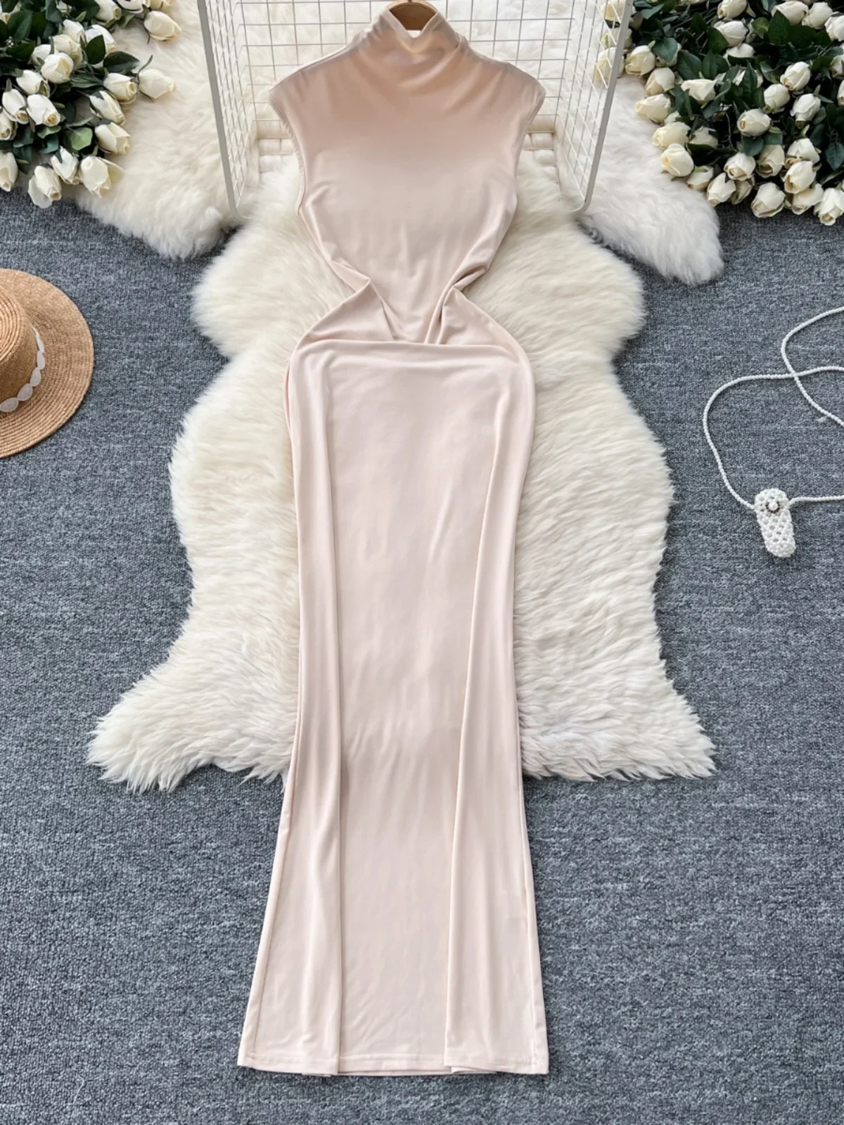 Foamlina EuropeanAmerican Ins Bodycon Long Dress Women's 2024 New High-necked Elastic Slim Temperament Long Vest Dresses