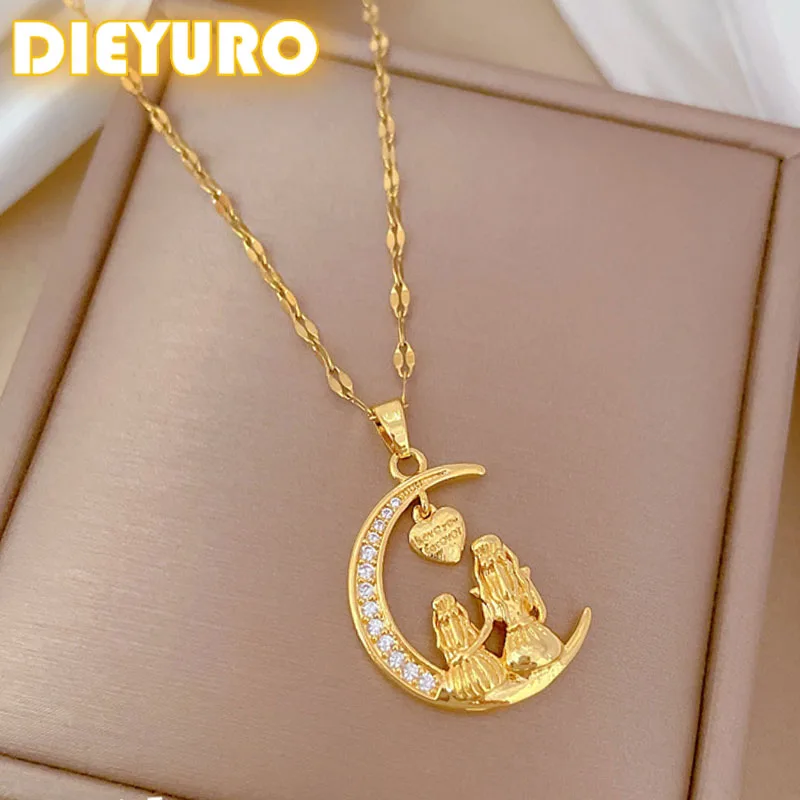 DIEYURO 316L Stainless Steel Fashion Exquisite Charm Looking At The Bright Moon Heart Necklace Trend Clavicle Chain Jewelry Gift