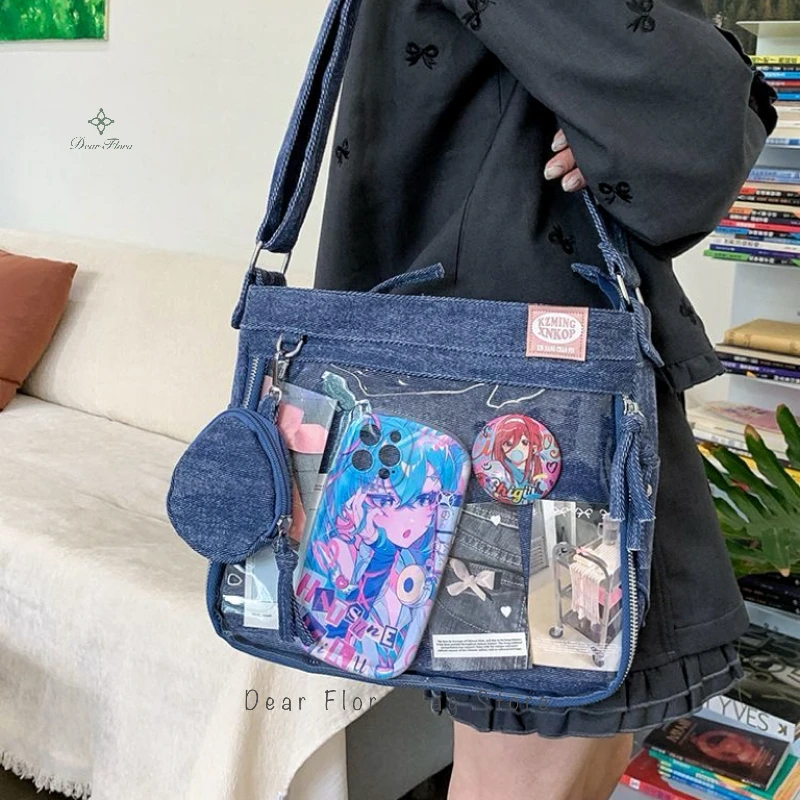 Bolso de hombro estilo Moto Y2K para mujer, estética única, Ita, bolsillo frontal transparente, bandolera de mensajero artesanal