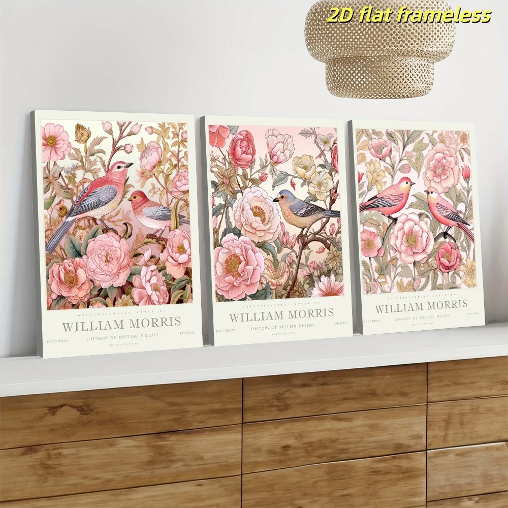 3-piece set of William Morris style canvas frameless decoration hanging painting pink flower bird pattern retro plant illustrati