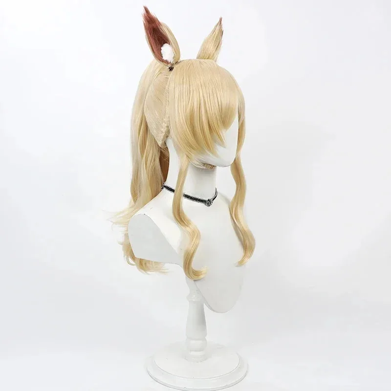 Peluca de Cosplay de archivo azul Ogata Kanna con orejas, cola de caballo rubia de 60cm, pelo sintético resistente al calor, fiesta de rol de Halloween