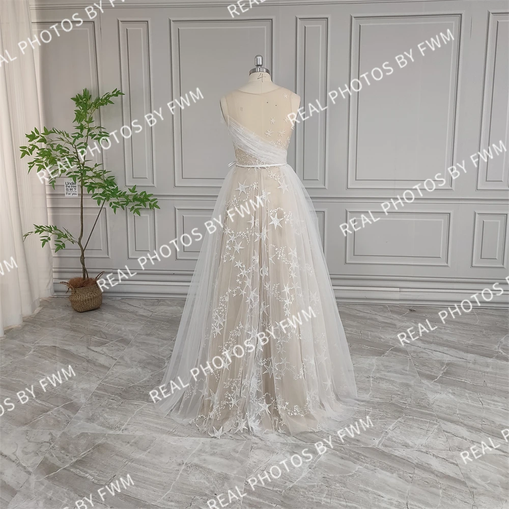 12890 #   Personalizado boho estrelas rendas a linha vestido de casamento para mulher plissado tule vestido de noiva com cinto 2024 novo design