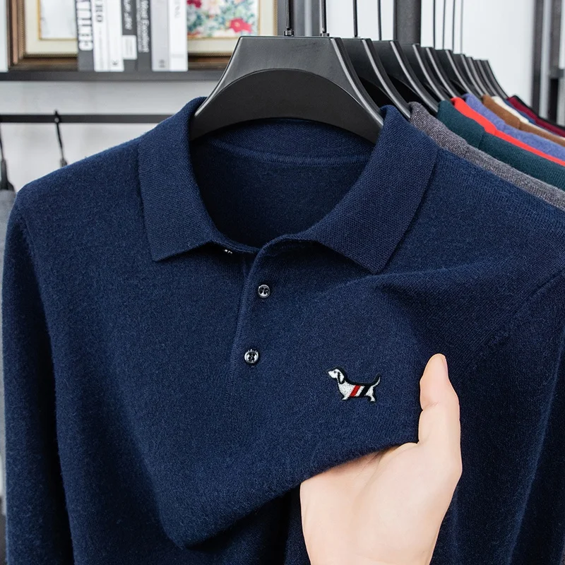 Designer Quality Men's Lapel Pullover Knitwear Autumn Winter New Solid Color Dog Print Sweater Fashion Business Trend Menswear